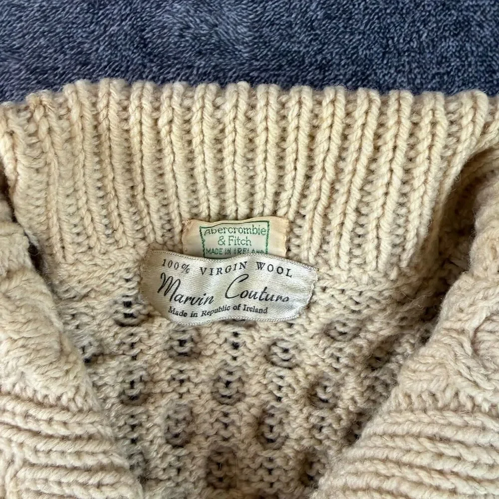 Vtg 60's 70's Abercrombie & Fitch Virgin Wool Cable Knit Cardigan Ireland M/L - Picture 3 of 11